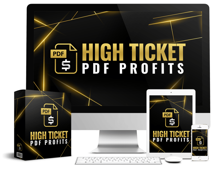 Screenshot of the High Ticket PDF Profits dashboard, showing the 'upload' button and system interface